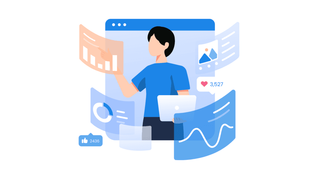 Illustration zur Digitalisierung: Person mit Laptop, umgeben von digitalen Diagrammen und Social-Media-Kennzahlen