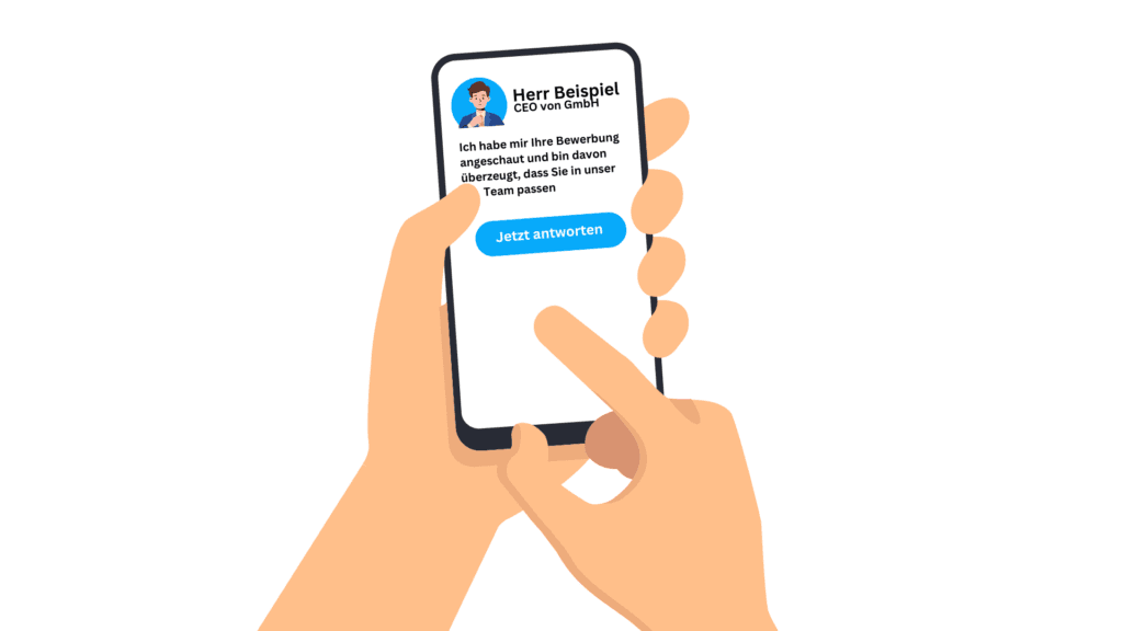 Illustration: Smartphone mit persönlicher Nachricht eines Geschäftsführers an einen Bewerber und Button „Jetzt antworten“