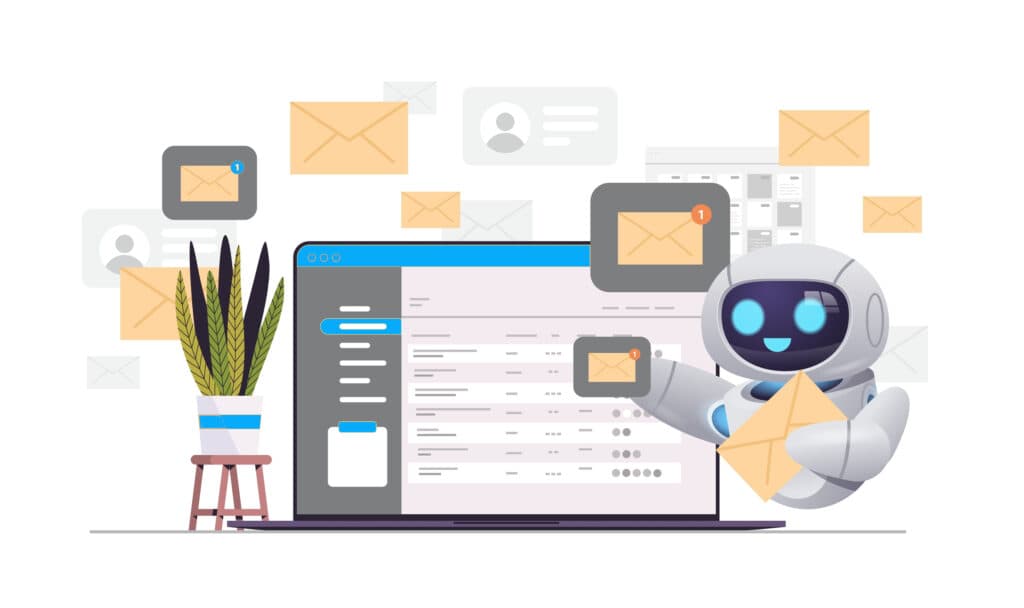 Illustration: Roboter verschickt automatisch E-Mails aus einem Postfach auf dem Laptop