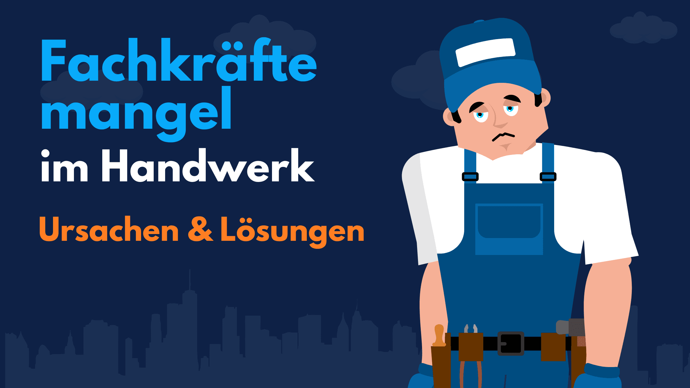 Illustration: niedergeschlagener Handwerker in Latzhose neben dem Titel „Fachkräftemangel im Handwerk – Ursachen & Lösungen“