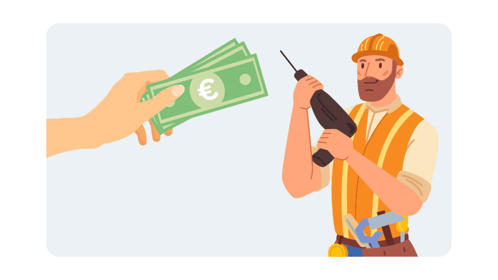 Illustration: Hand reicht einem Handwerker mit Bohrmaschine Euro-Geldscheine