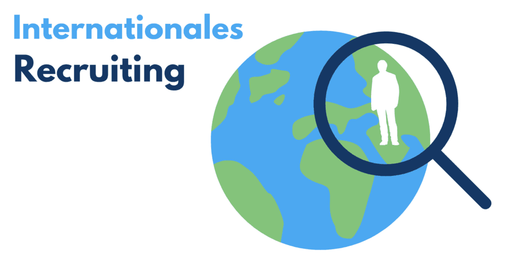 Grafik „Internationales Recruiting“: Lupe über einem Globus mit der Silhouette einer Person