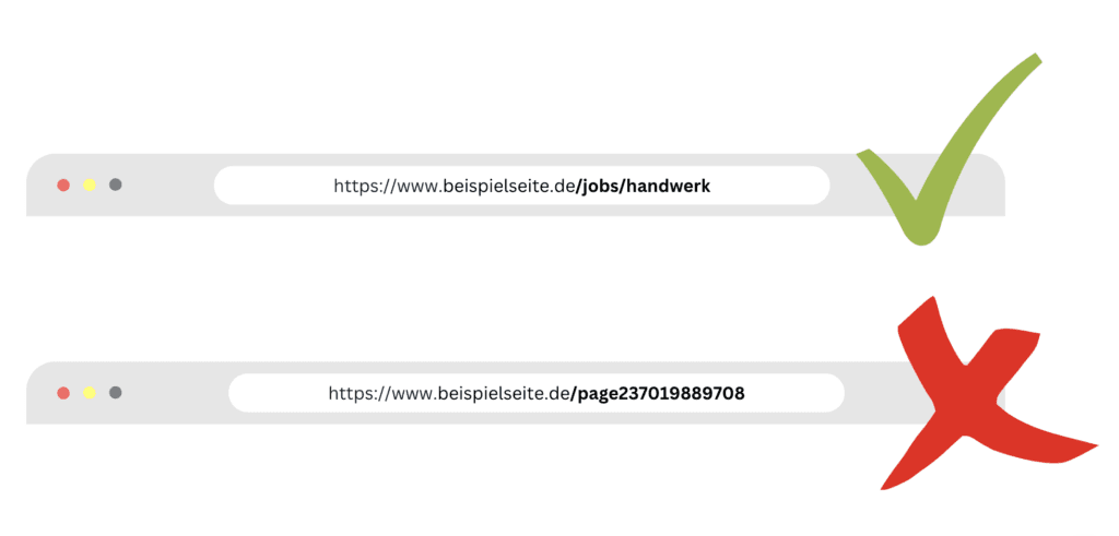 Vergleich zweier URLs: eine sprechende URL mit /jobs/handwerk ist abgehakt, eine kryptische Seitennummer ist durchgestrichen