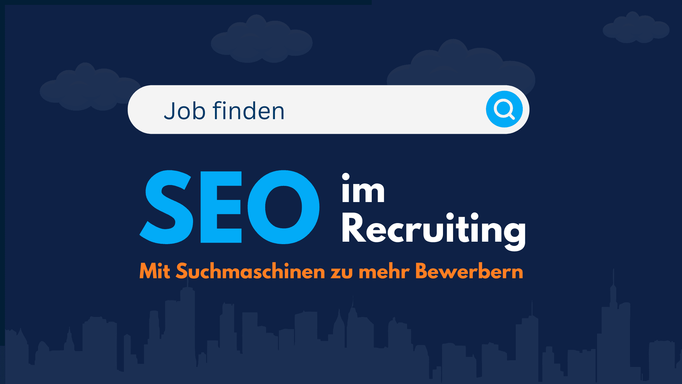 Grafik mit Suchleiste „Job finden“ und dem Titel „SEO im Recruiting – Mit Suchmaschinen zu mehr Bewerbern“