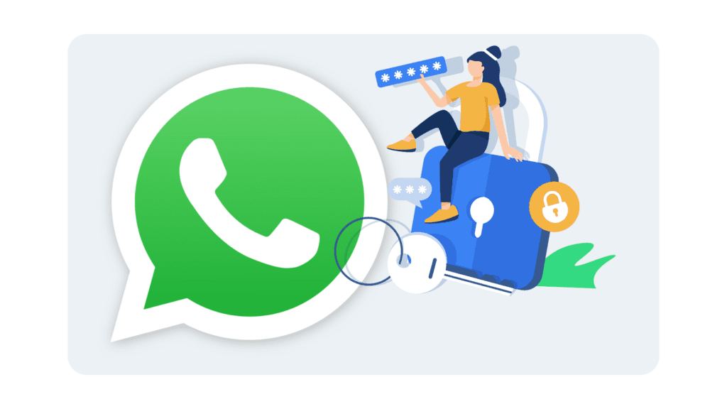 Illustration: WhatsApp-Logo neben einem Vorhängeschloss mit Schlüssel und Passwortfeld als Symbol für Datenschutz