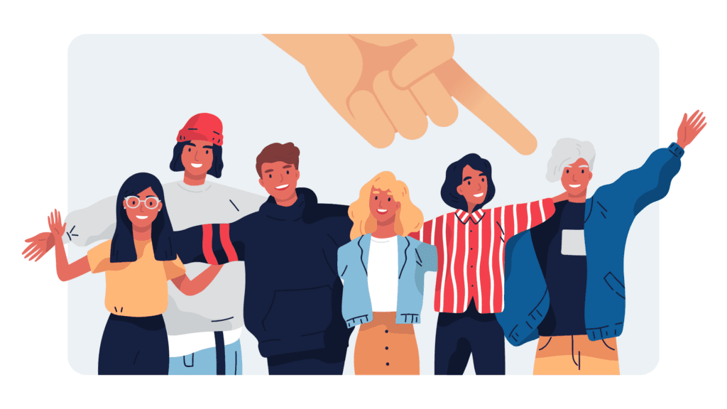 Illustration: Ein Zeigefinger wählt aus einer Gruppe lächelnder Menschen eine Person aus
