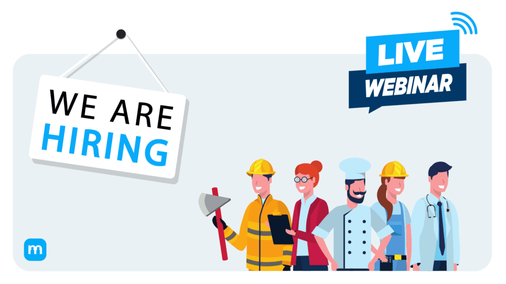 Illustration: Schild „We are hiring“, Hinweis „Live Webinar“ und Figuren aus Feuerwehr, Büro, Küche, Bau und Medizin