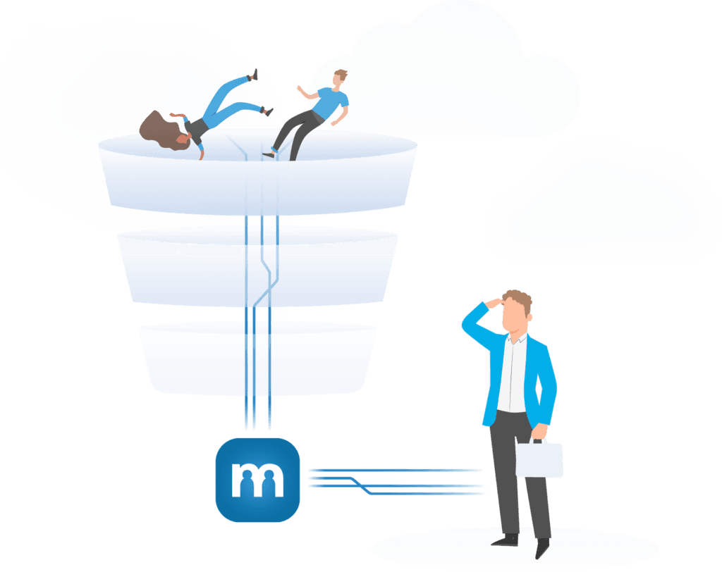 Illustration: Menschen fallen in einen Recruiting-Trichter, der über das mitarbeiter.com-Logo zu einem Arbeitgeber führt