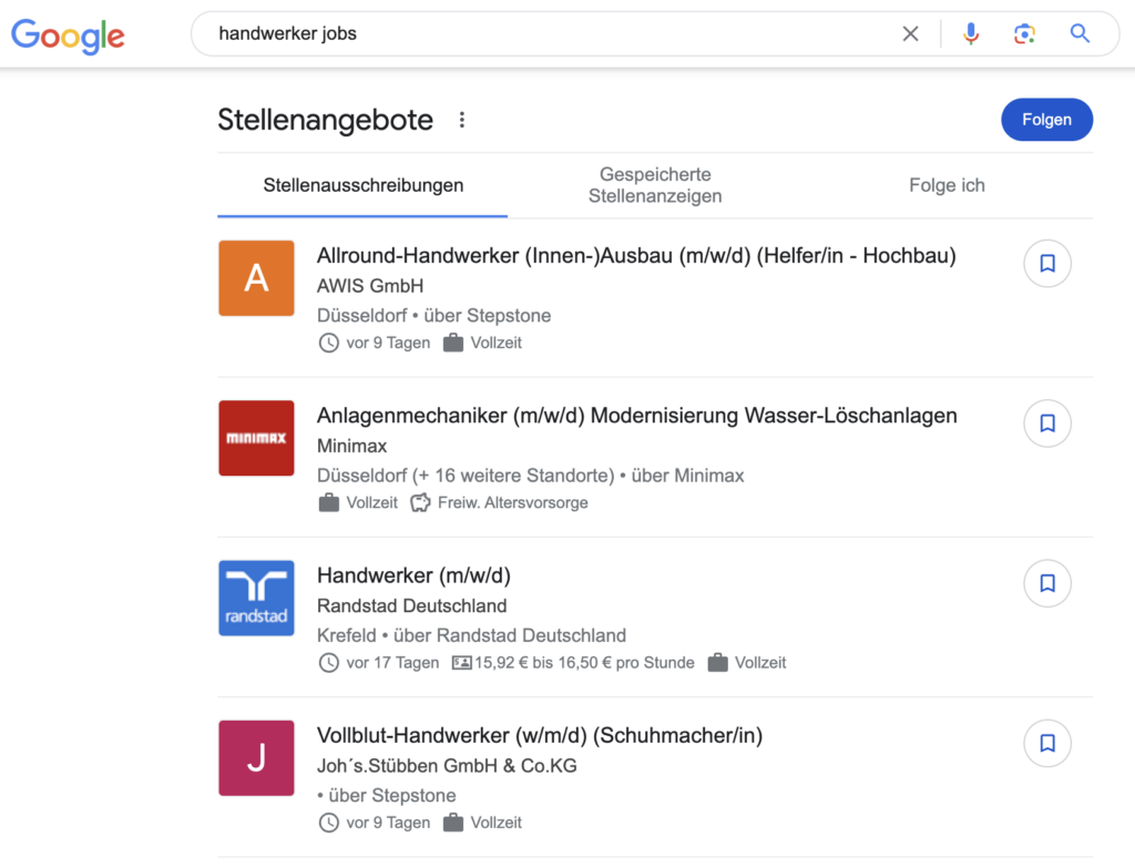 Google for Jobs Suchergebnisse